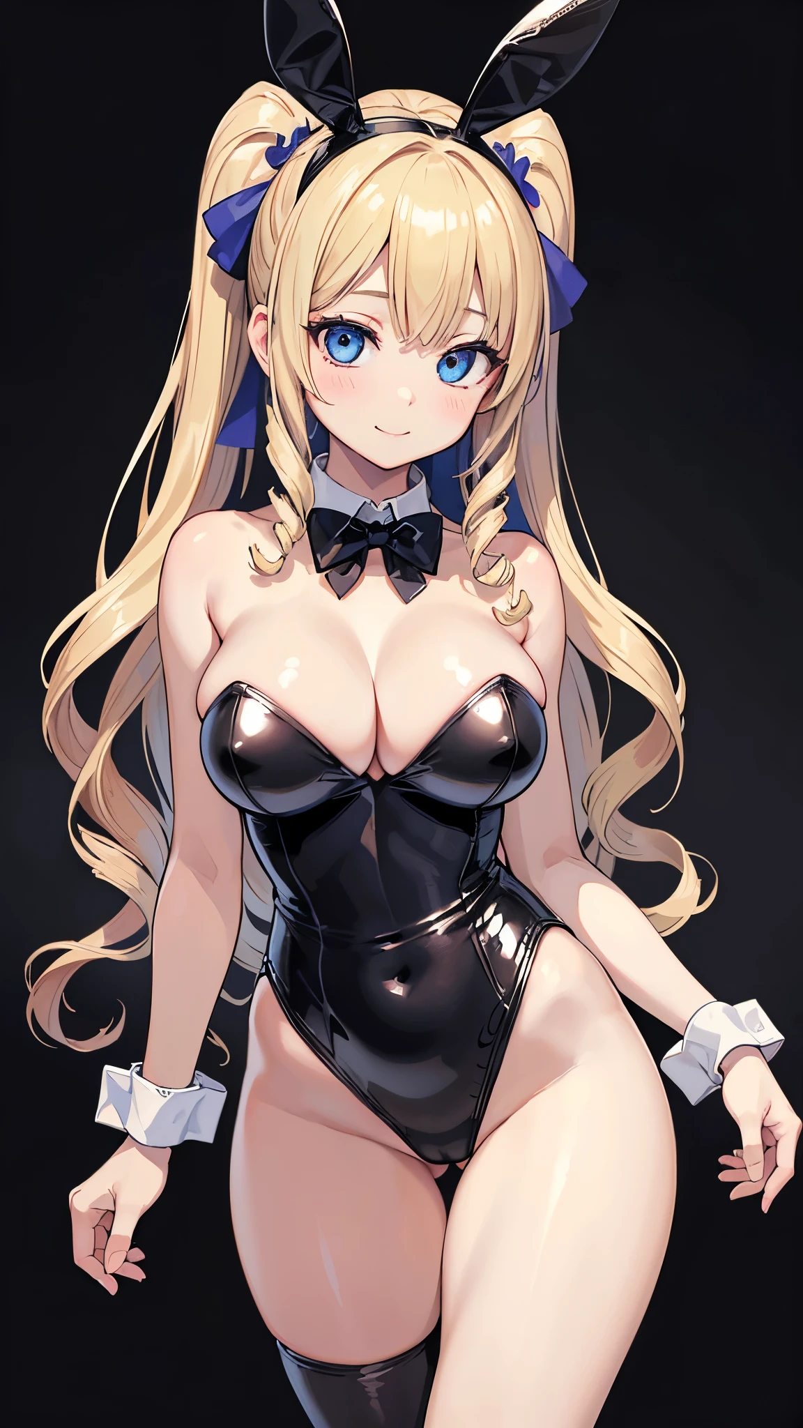 (masterpiece:1.3, Highest quality, Ultra-high resolution, Very detailed), (Realistic:1.1, photoRealistic:1.4), Beautiful illustrations, Perfect lighting,Written boundary depth, Beautiful detailsまでこだわった髪, Beautifully detailed face, Beautiful details, Beautiful clavicle, Beautiful body, Beautiful and juicy breasts, Beautiful thighs, Beautiful feet, View your viewers, 1 Girl,Perfect Face, (Perfect Anatomy, Anatomically correct), Cute and symmetrical face、Baby Face、((Shiny long hair)),((pub)),(かわいいsmile, smile)、Sexy Body、(masterpiece),(Highest quality:1.3),8K,Very clear,(Ultra-realistic), One Girl,Wide Shot,((Large Breasts)),Wide Hips,Beautiful feet, Captivating woman,Sexy Girl(masterpiece、Highest quality、Very detailedな)、((One Girl))、((Blonde))、((Twin Drill))、((Bright Blue Eyes))、((非常にLarge Breasts))、((High Leg Bunny Girl))、(((Black high leg patent leather leotard, Collar with bow tie,cuffs)))、Cowboy Shot、((High Leg Playboy))