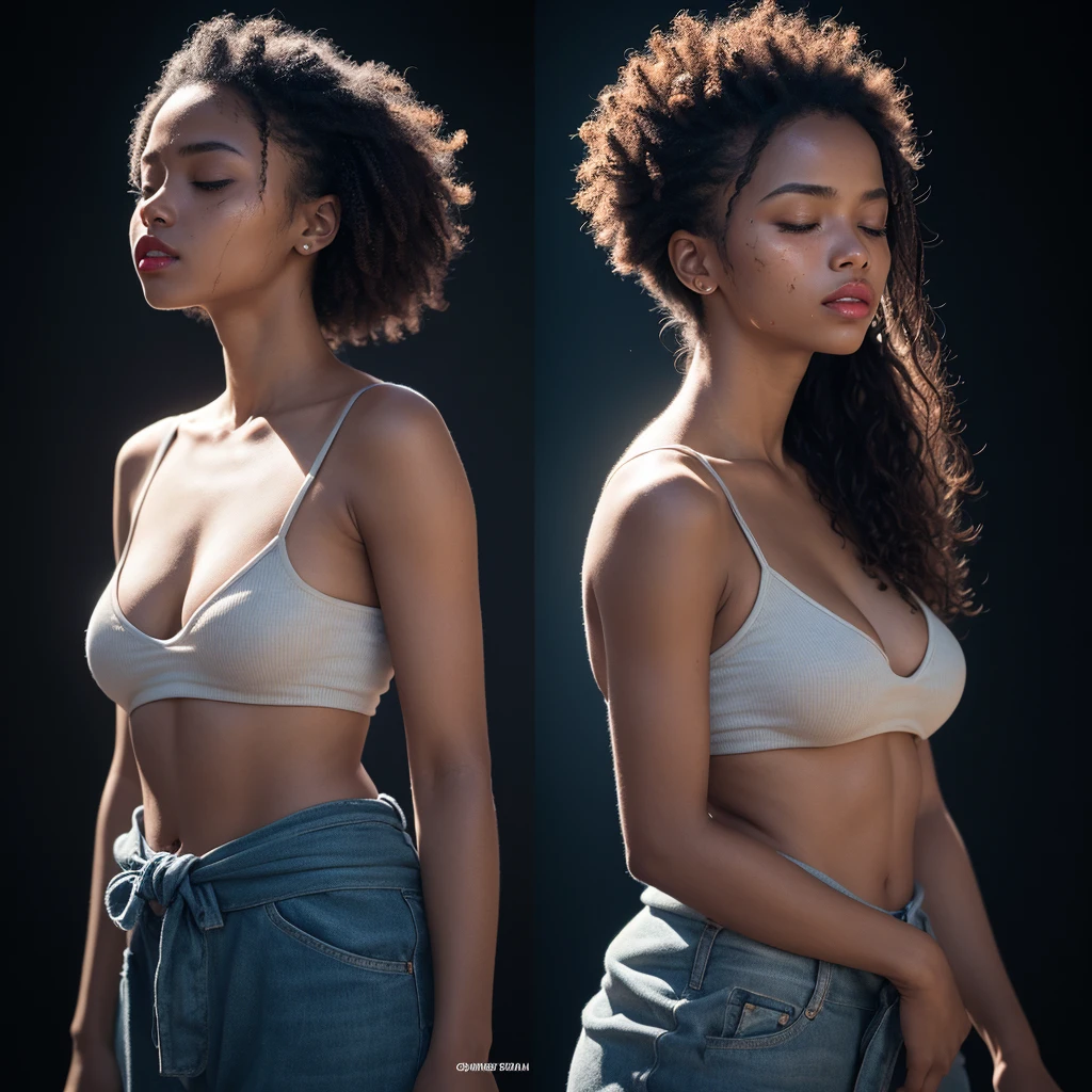 one beautiful girl, ebony skin, light African skin, curly hair, red lips, eyes closed, face dirty with dust and blood, away from the camera, showing from the waist up, perfect body, blue light reflecting on their face from the side, black background, realistic, work of art