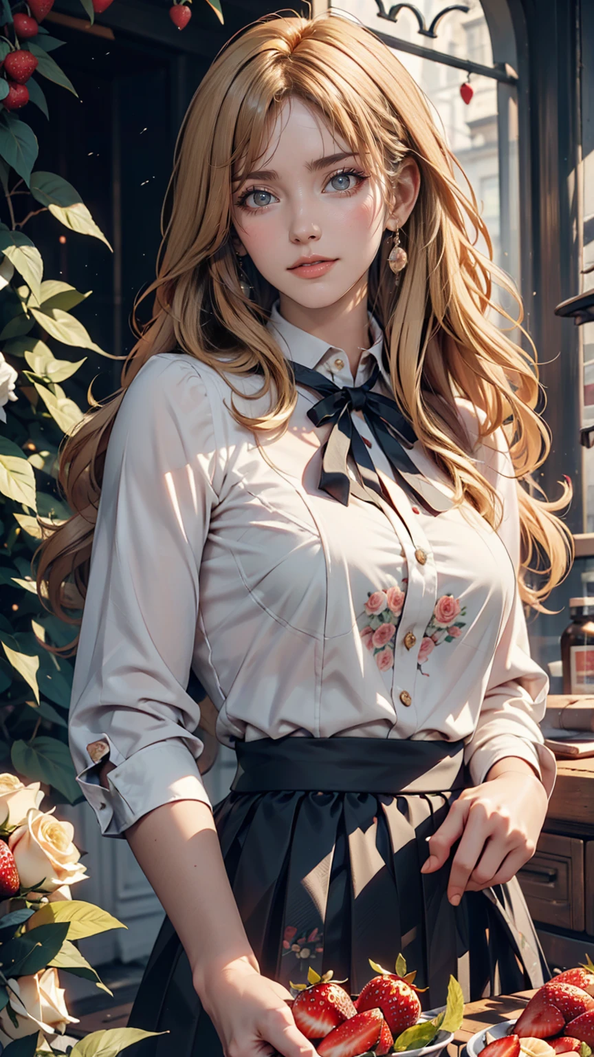 London、Jumper skirt with watercolor print of British white roses and strawberries、British woman in a high-neck ribbon blouse、White people、Blonde、blue eyes、Wavy hair、Smile