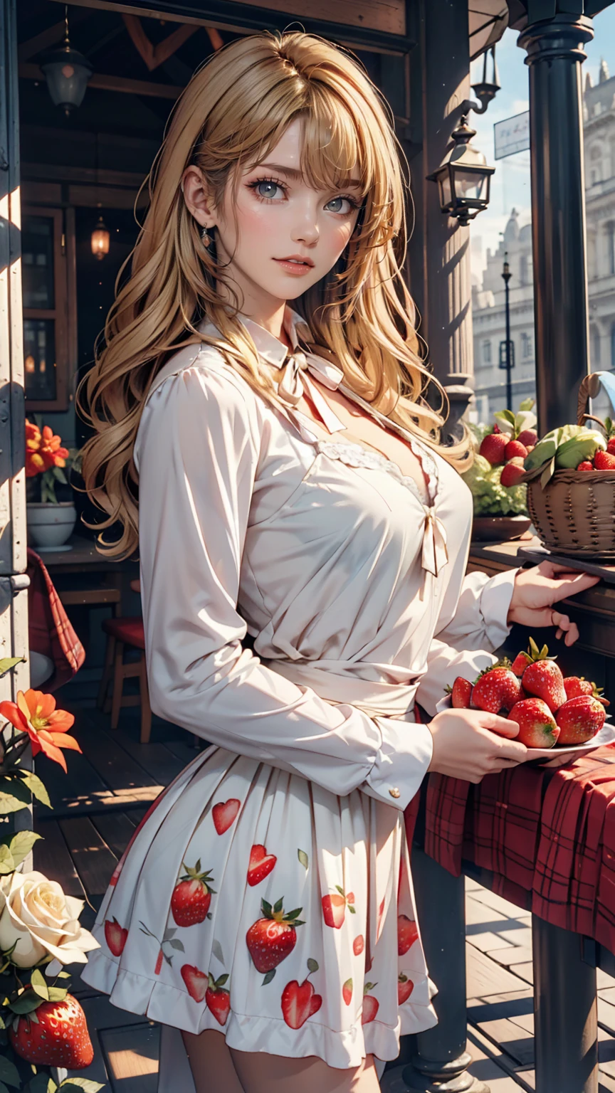 London、Jumper skirt with watercolor print of British white roses and strawberries、British woman in a high-neck ribbon blouse、White people、Blonde、blue eyes、Wavy hair、Smile
