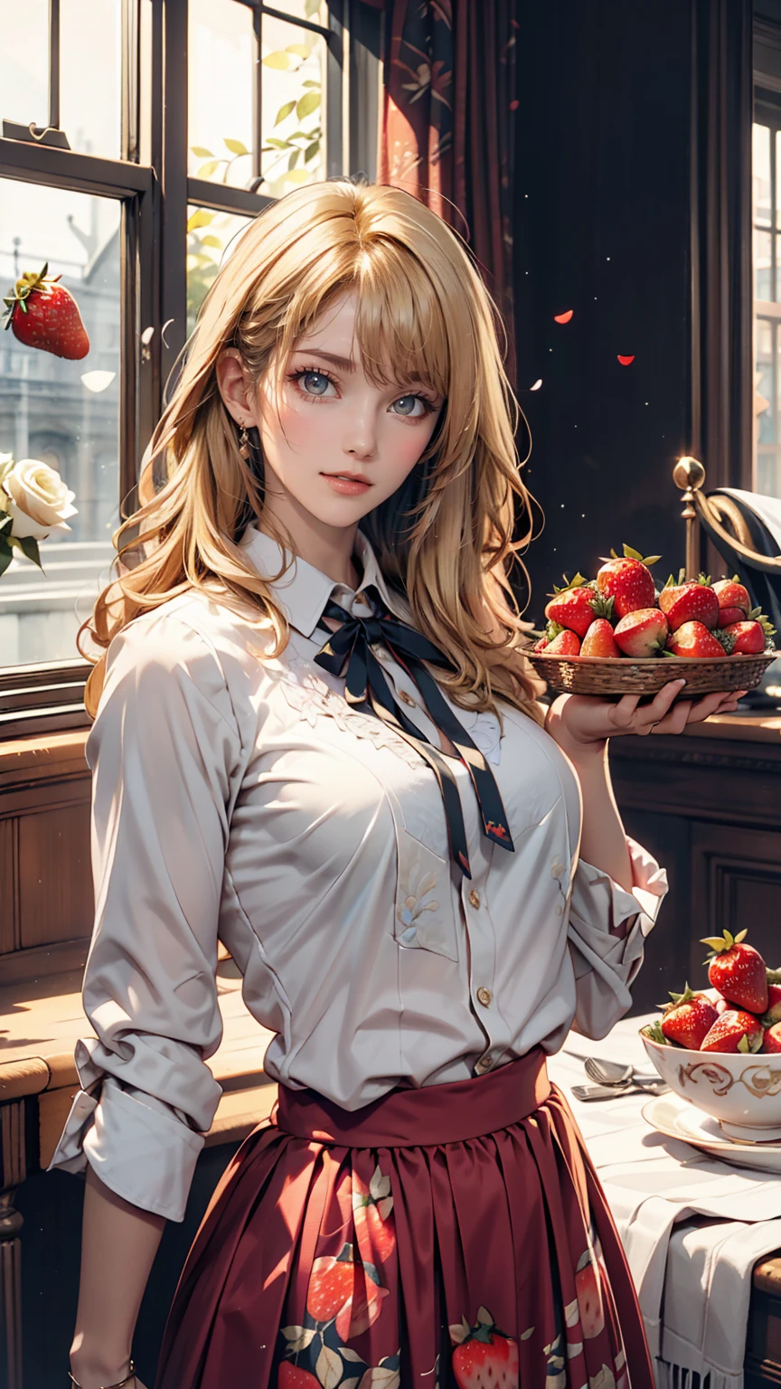 London、Jumper skirt with watercolor print of British white roses and strawberries、British woman in a high-neck ribbon blouse、White people、Blonde、blue eyes、Wavy hair、Smile