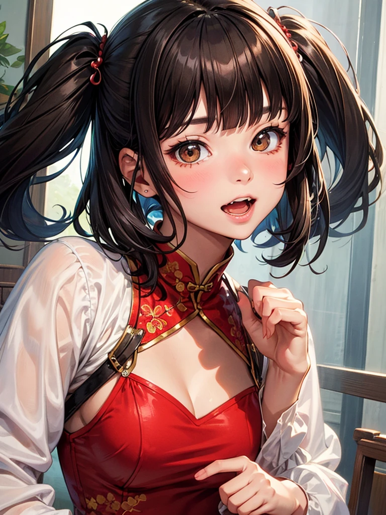 NICE,unparalleled beautiful girl,tteens detailed cute shot, pretty cool and beautiful cute face,super detailed NICE cute face, nice body, beautiful teeth, girl,whole body,(Detailed face:1.2), masterpiece, fashion,China dress,, Medium Hair, Black Hair, Twin tails, Blunt bangs, Brown eyes,
