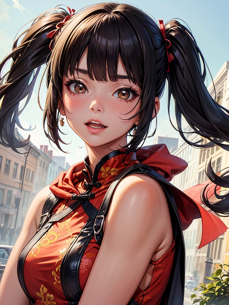 NICE,unparalleled beautiful girl,tteens detailed cute shot, pretty cool and beautiful cute face,super detailed NICE cute face, nice body, beautiful teeth, girl,whole body,(Detailed face:1.2), masterpiece, fashion,China dress,, Medium Hair, Black Hair, Twin tails, Blunt bangs, Brown eyes,
