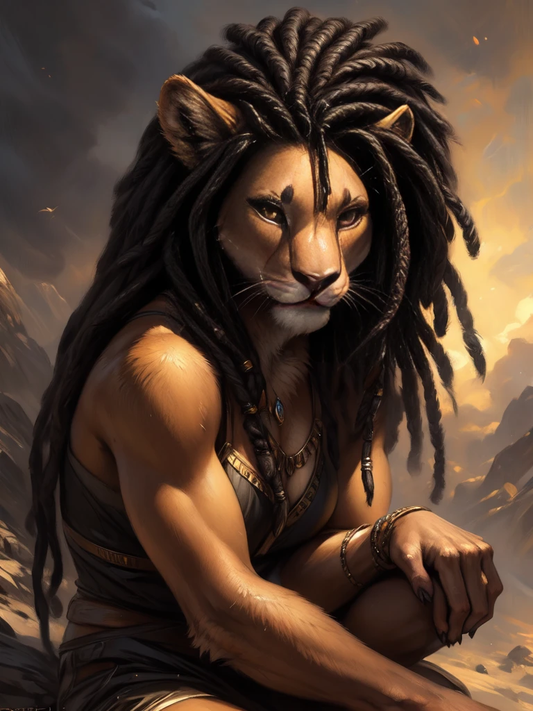 by kenket, by personalami, by hibbary, by totesfleisch8, by red-izak, by himeragoldtail, by darkgem, by thebigslick, by twinkle-sez, realistic, hyper realistic, a female anthro furry lion girl, black dreadlock hair, braided black dreadlock hair, black hands and feet, brown eyes,