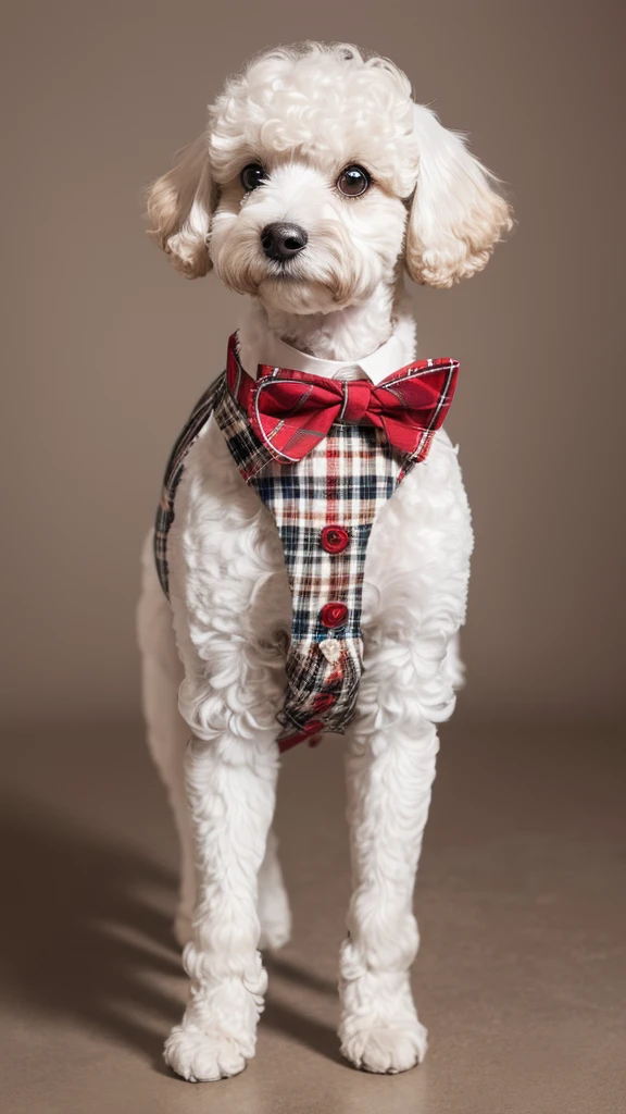 A pure white Toy Poodle standing on two legs, wearing a tartan check vest with a red bow tie and brown pants. The style is unique, with detailed fur texture in high resolution. The background is grey.