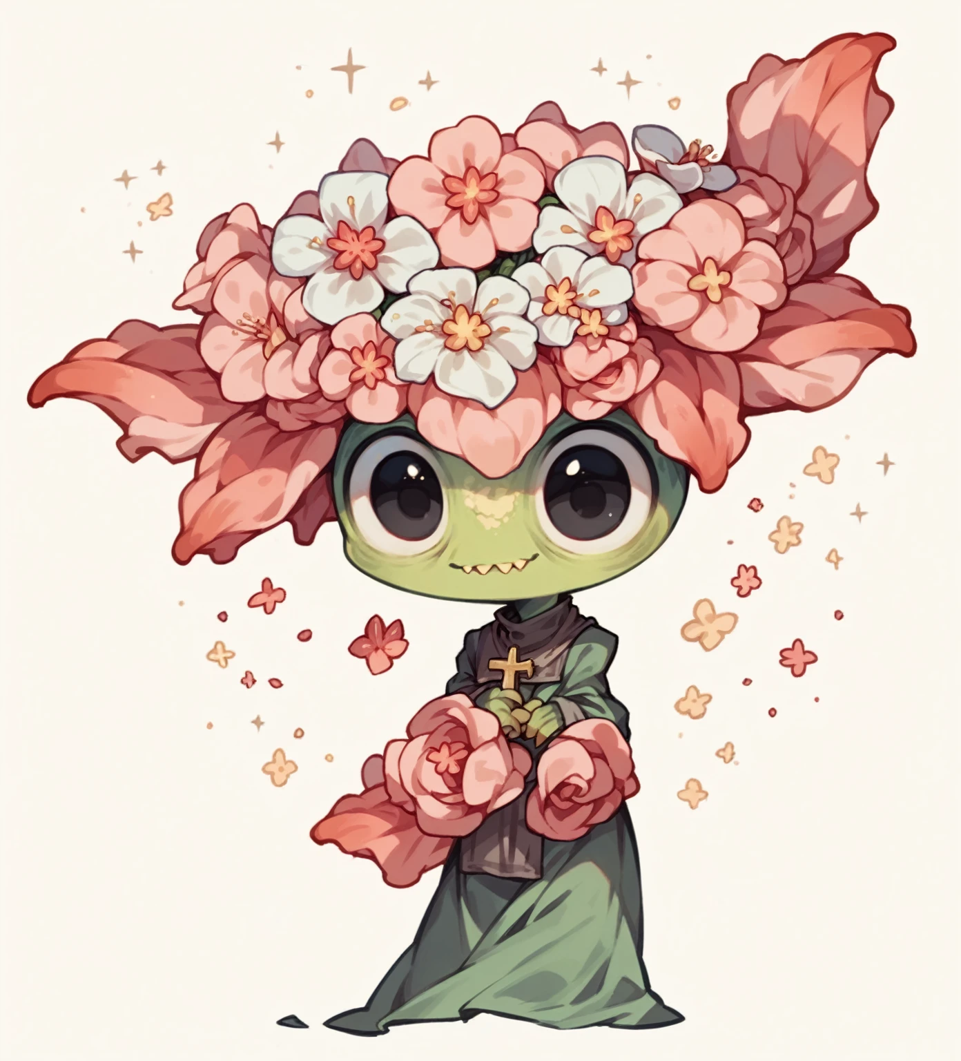 (Cute flower monster:1.5), (Cestrum nocturnum in her head:1.2), big eyes, full black eyes, cleric outfit