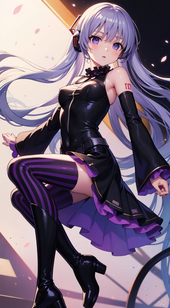  anime vocaloid with neon purple eyes, full black hair, ruffled dress with black, black high boots, black and purple striped tights