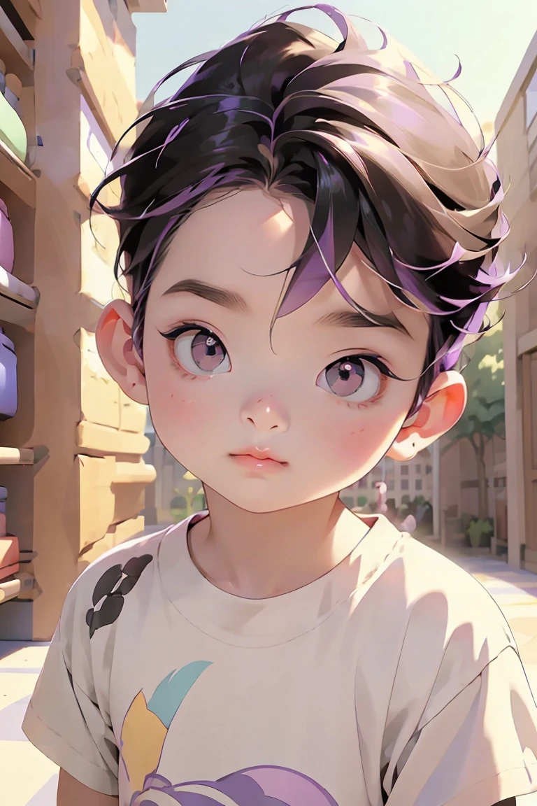 Boy,Black hair, purple eyes, multicolored hair, purple hair, hair between eyes, highlighted hair, He is an 11 year old boy with purple eyes, he has a very cheeky facial expression, he is wearing a t-shirt and sweatpants, he is wearing He has plasters on his body and is dirty from playing. He is very popular with little girls. broadly self-confident smile background: schoolyard, children playing, he is a very popular boy, the boss in the place