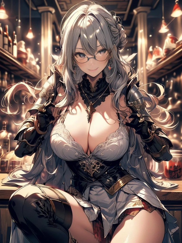 (Highest quality, masterpiece), (Ultra-high resolution, 8k RAW photos, Photorealistic:1.5, Cinema Lighting, Fabric Shading, Thin contours, Clear focus:1.2), Beautiful mature woman, Leaning forward, Long legs, Gray Hair, (Wearing thin glasses:1.5), (Mature Woman:1.5, 28 years old, alone), (1 female:1.6), (Large Breasts, Saggy breasts, big , Tight waist), whole bodyesbian, (medium short Gray Hair, Hair on one eye, (Updo:1.2), Side Lock, Asymmetrical Hair, Wavy Hair), (thin and bright pupils, Highlighted, detailed eyes:1.3, A face with attention to detail, perfect face shape, Bloodshot eyes), (A seductive smile, Half-close your eyes:1.2), (Looking at the audience:1.3), (Dutch Angle, whole body:0.3, From below:1.2), ((Correct Anatomy:1.5, The right move)), (Ideal body proportions),(((Fluttering lace flared mini skirt, Sexy silver armor with attention to detail:1.5、red and black boots、Silver Helmet、Silver Gauntlets、Jeweled、Gold decoration)))、Slender、(Thighs Thighs Thighs Thighs:0.8)、(At the bar、Artistic stained glass、Hello Point、Mysteriouany feathers floating、Angelic、Particles of light、Solemn、Nikko is、colorful、Fantastic:1.2)、(Fantastic:1.3)、(Has a big sword:1.6)、Cross Necklace:1.2
