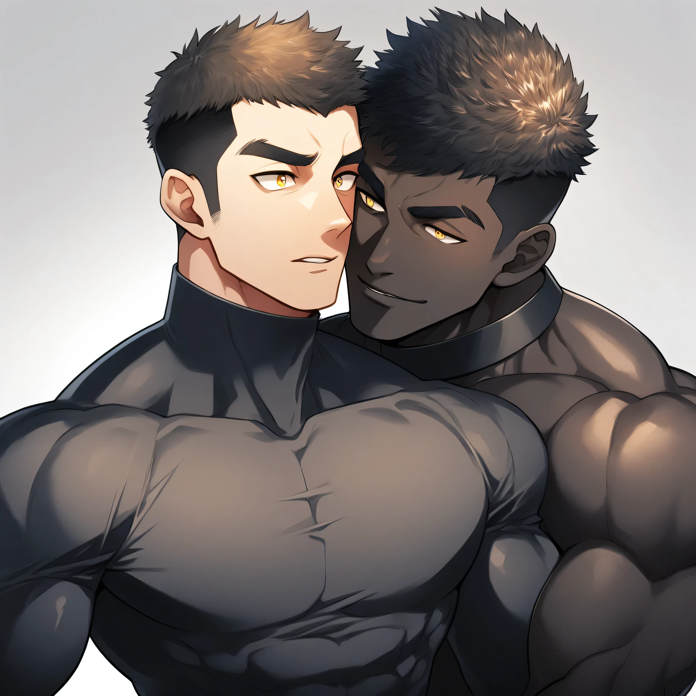 anime characters:Two superheroes in tights, Muscle superhero, negro black skin, They hugged and kissed each other, Bite your neck, Caress, Manliness, male focus, Yellow and black high collar long sleeve tight T-shirt, Slightly transparent material, Very tight, Round, full and perky chest muscles, Muscle waist, Slightly transparent, muscular male, muscular, only, Upper body, alone, Black short hair, Thick eyebrows, stubble, Yellow eyes, Grey background, simple background, amazing quality, best aesthetics, Ridiculous, bright pupils, crew cut, parted lips, seductive smile, torogao, naughty face, drop shadow, best quality