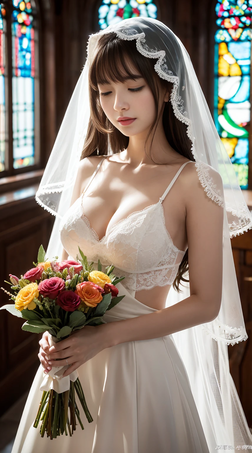 Browsing Caution，masterpiece，Highest quality，8K，20-year-old，窓辺に立つ美しいBig Breastsの女性，Sexy white lace lingerie，Long straight white hair with bangs，Veil，close your eyes，Big Breasts，Underboob，holding one flower bouquet with both hands，Beautiful stained glass，The light shines through，light rays，