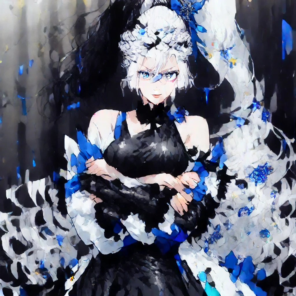 1girl, female gojo satoru, anime screencap from jujutsu kaisen, gojo satoru female version, solo, long_hair, blue eyes, ((white eyelashes)), ((white_hair)), night view, breasts, upper_body, smile, indoors, book, bangs, blue_eyes, lips, (wearing round sunglasses) , ((her hairstyle : The character in the image has long white hair)) wearing black color party dress, bare shoulder, breast, "very detailed and high resolution" (blue eyes) ((cross arms))   (high ponytail, long hair) ((solo))