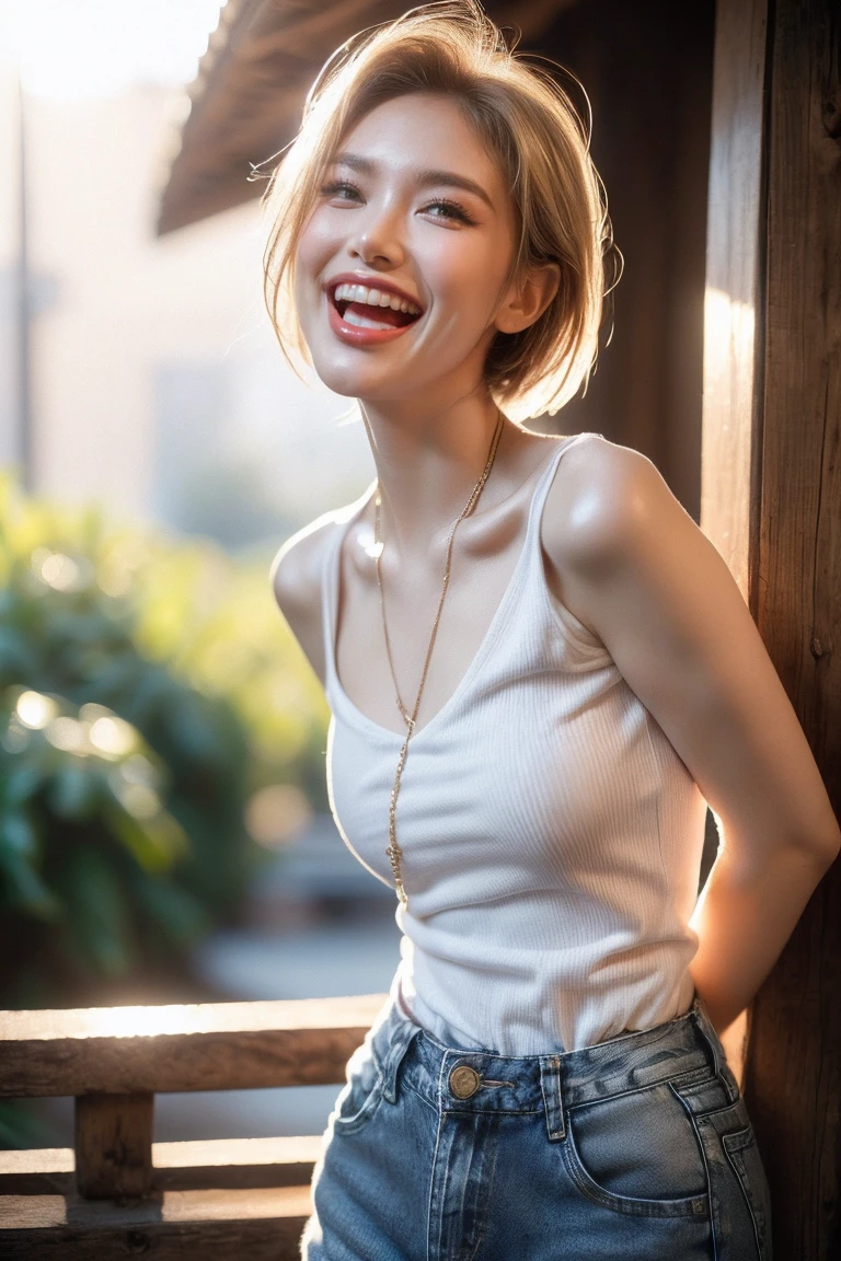 Malay girl, very short white hair, Sculpted Pixie cut hair, wear white Corset Dress, corset, laughing and posing with hand on hip, front view, windy, detail skin, age spot, detail skin texture, mole below eyes, small breast, flat chest, wide hips, small waists, thick thighs, slim abs, beautiful body, nighttime, laughing, happy, bright lighting, living room, blur background, bokeh, Super 8mm lense, Extreme close-up, Deep Focus cinematography effect, Natural Lighting, cool-toned color grading, high quality, ultra detail, 8k resolution,