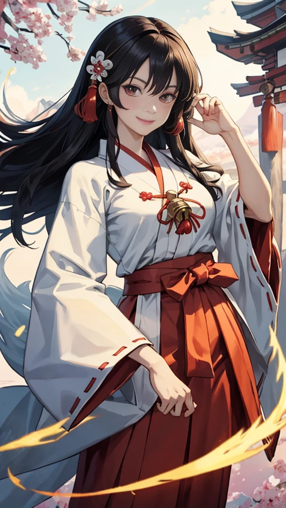 The image shows an illustrated character, likely from an anime or manga. The character has long dark hair and is wearing a traditional shrine maiden (miko) outfit, consisting of a white top (haori) with red accents and a red skirt (hakama). The character is holding what appears to be a bow without the string, and there are white ribbon-like effects surrounding the character, suggesting movement or a magical element. The face of the character has been pixelated to obscure it. The character has no accessories. Please create the new illustration in a soft, pencil-drawn style based on this description. With a smile on your face