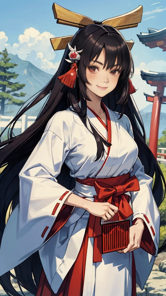 The image shows an illustrated character, likely from an anime or manga. The character has long dark hair and is wearing a traditional shrine maiden (miko) outfit, consisting of a white top (haori) with red accents and a red skirt (hakama). The character is holding what appears to be a bow without the string, and there are white ribbon-like effects surrounding the character, suggesting movement or a magical element. The face of the character has been pixelated to obscure it. The character has no accessories. Please create the new illustration in a soft, pencil-drawn style based on this description. With a smile on your face