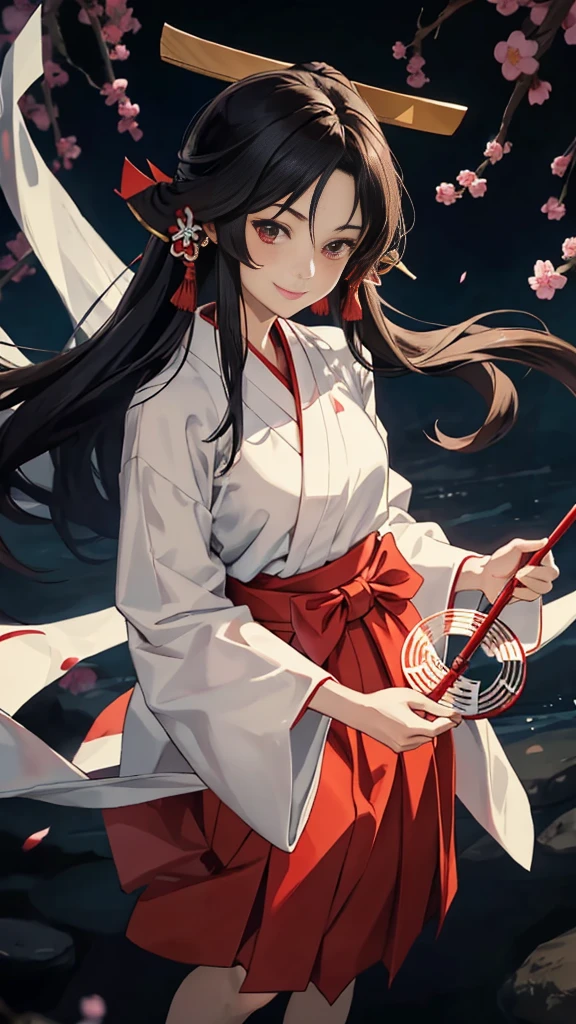 The image shows an illustrated character, likely from an anime or manga. The character has long dark hair and is wearing a traditional shrine maiden (miko) outfit, consisting of a white top (haori) with red accents and a red skirt (hakama). The character is holding what appears to be a bow without the string, and there are white ribbon-like effects surrounding the character, suggesting movement or a magical element. The face of the character has been pixelated to obscure it. The character has no accessories. Please create the new illustration in a soft, pencil-drawn style based on this description. With a smile on your face