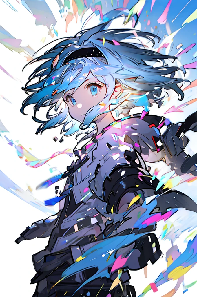 Djeeta Pure white background Blue Hair Black headband Facing forward looks strong Black clothes Casual Style White hood hoodie
