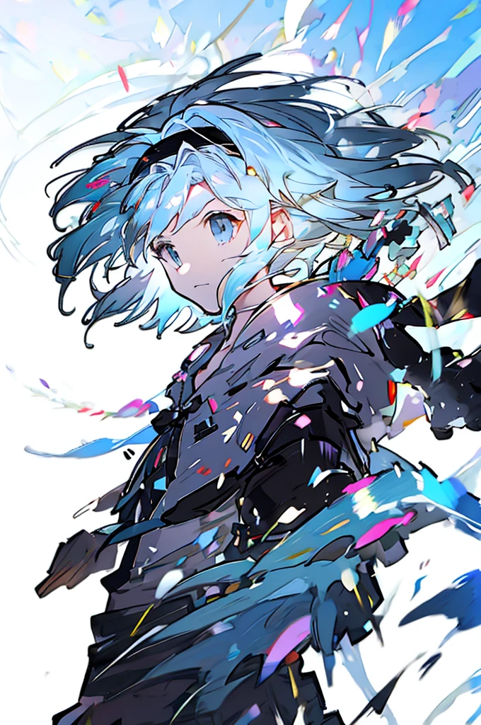 Djeeta 　Pure white background　Blue Hair　Black headband　Facing forward　looks strong　Black clothes　Casual Style　White hood　hoodie