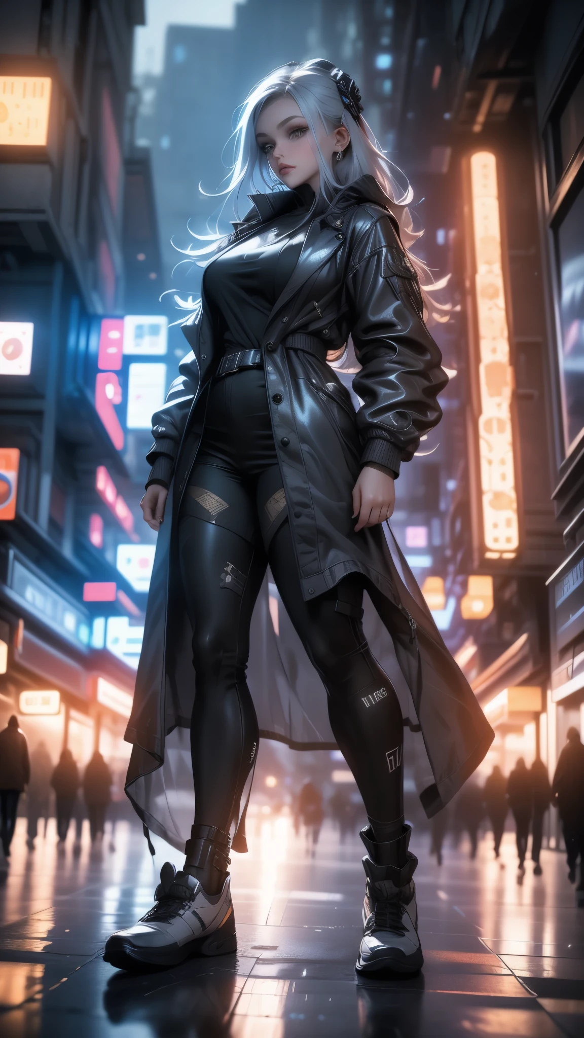 3D impressionist illustration, Masterpiece, High Contrast, A Russian girl in her early 20s with ash grey hair, Ultra-near-future weapons, Full body portrait, Uplifting, A futuristic city in the background, Gorgeous, A night view smattering with brilliant colors, hard rainy