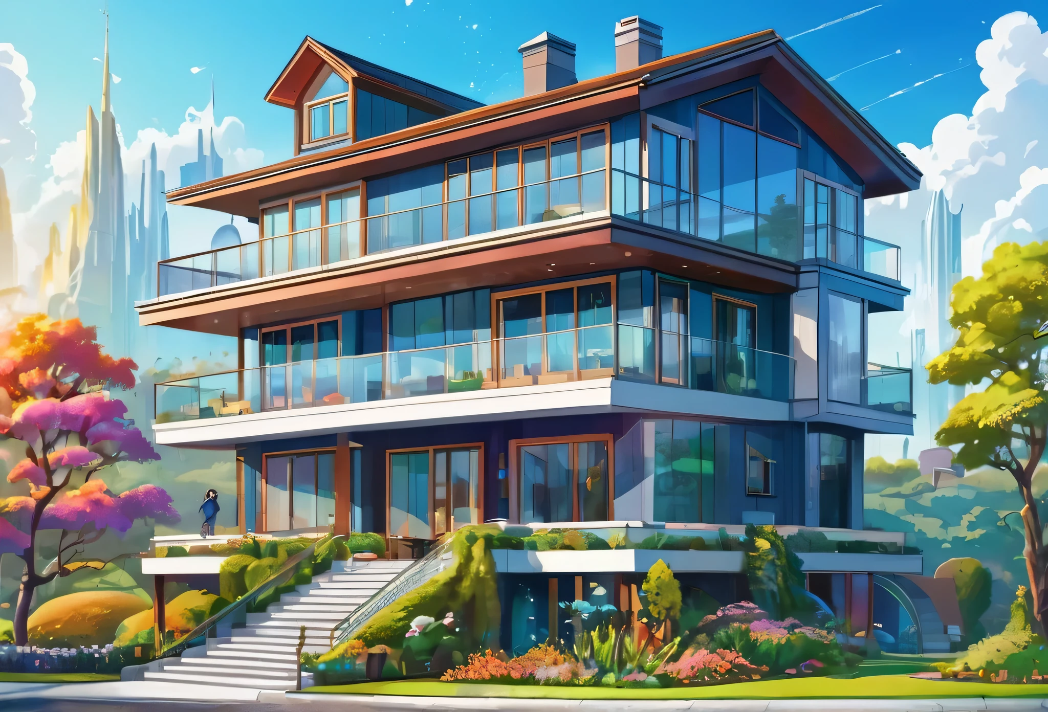 A house, big, spaceus, modern, in an estate, other buildings in the environment (masterpiece best quality:1.2) delicate illustration ultra-detailed, (disney-related event) detailed background, illustrations, bright, colourful,