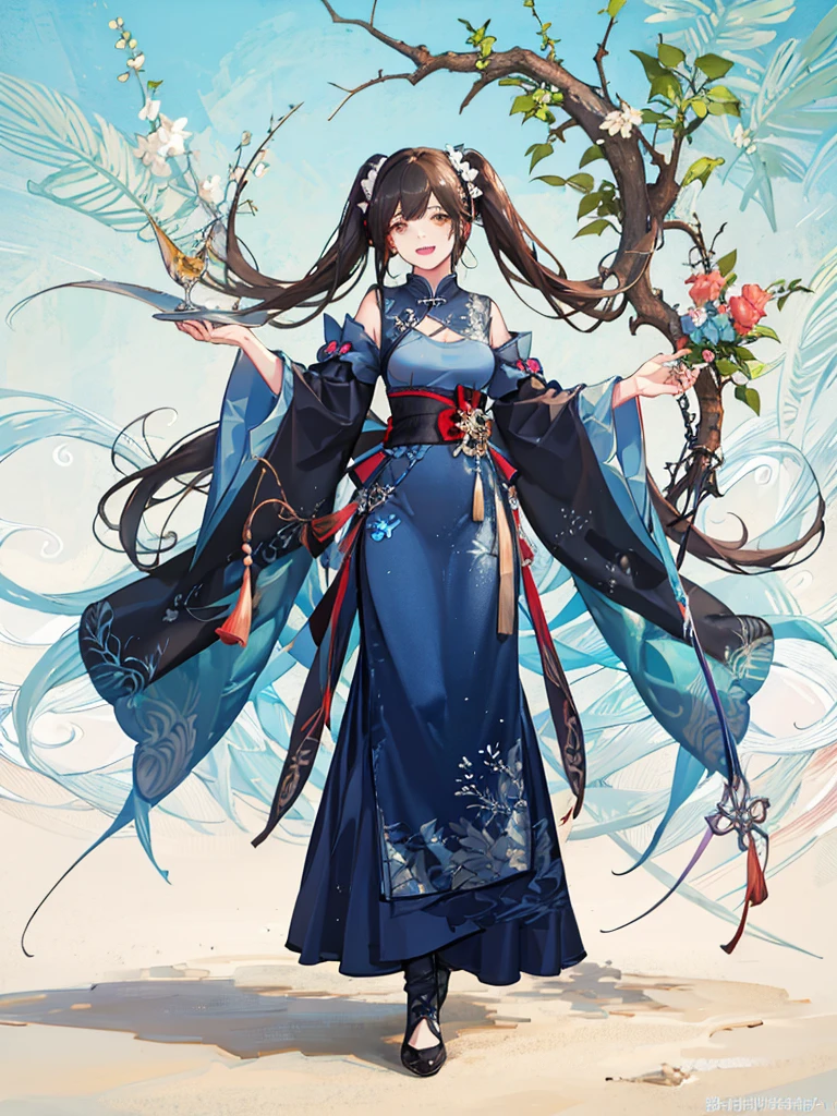 NICE,unparalleled beautiful girl,tteens detailed cute shot, pretty cool and beautiful cute face,super detailed NICE cute face, nice body, beautiful teeth, girl,whole body,(Detailed face:1.2), masterpiece, fashion,China dress,, Medium Hair, Black Hair, Twin tails, Blunt bangs, Brown eyes,
