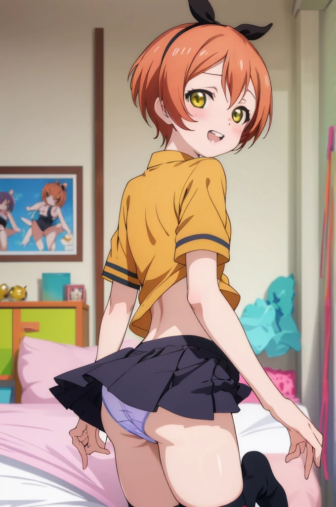 ,,rin hoshizora , ,open mouth,looking viewer,,nsfw,miniskirt,,(panties),my room,ass,from back,grin,socks