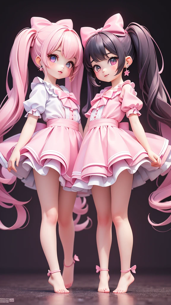 ((jk, 2girls)), (petite kawaii, bishojo), (kawaii face), (cute eyes), (masterpiece), ((top qualite)), (hyper detailed), ((high resolution)), (exquisite), (depth), ((beautiful and aesthetic)), (full body), (pink cheek), ((bare foot)), (big bow in hair), ((pink lips)), (twintails), (earring), ((to take a kawaii pose))