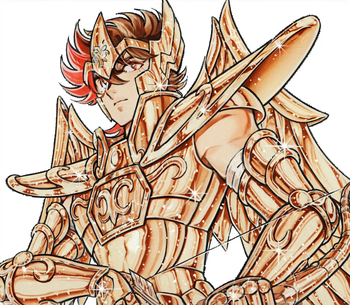 A young asian man in glossy gold armor with white outfit without sleeves underneath, Saint seiya, pegasus seiya, unreal engine saint seiya render