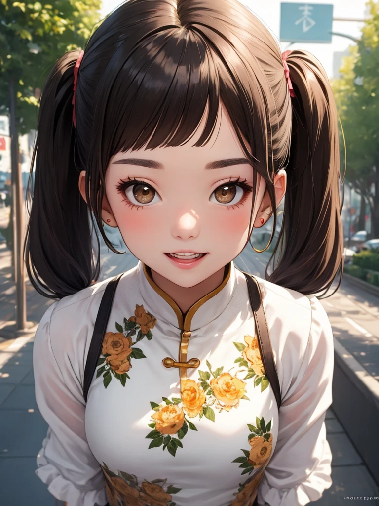 NICE,unparalleled beautiful girl,tteens detailed cute shot, pretty cool and beautiful cute face,super detailed NICE cute face, nice body, beautiful teeth, girl,whole body,(Detailed face:1.2), masterpiece, fashion,China dress,, Medium Hair, Black Hair, Twin tails, Blunt bangs, Brown eyes,