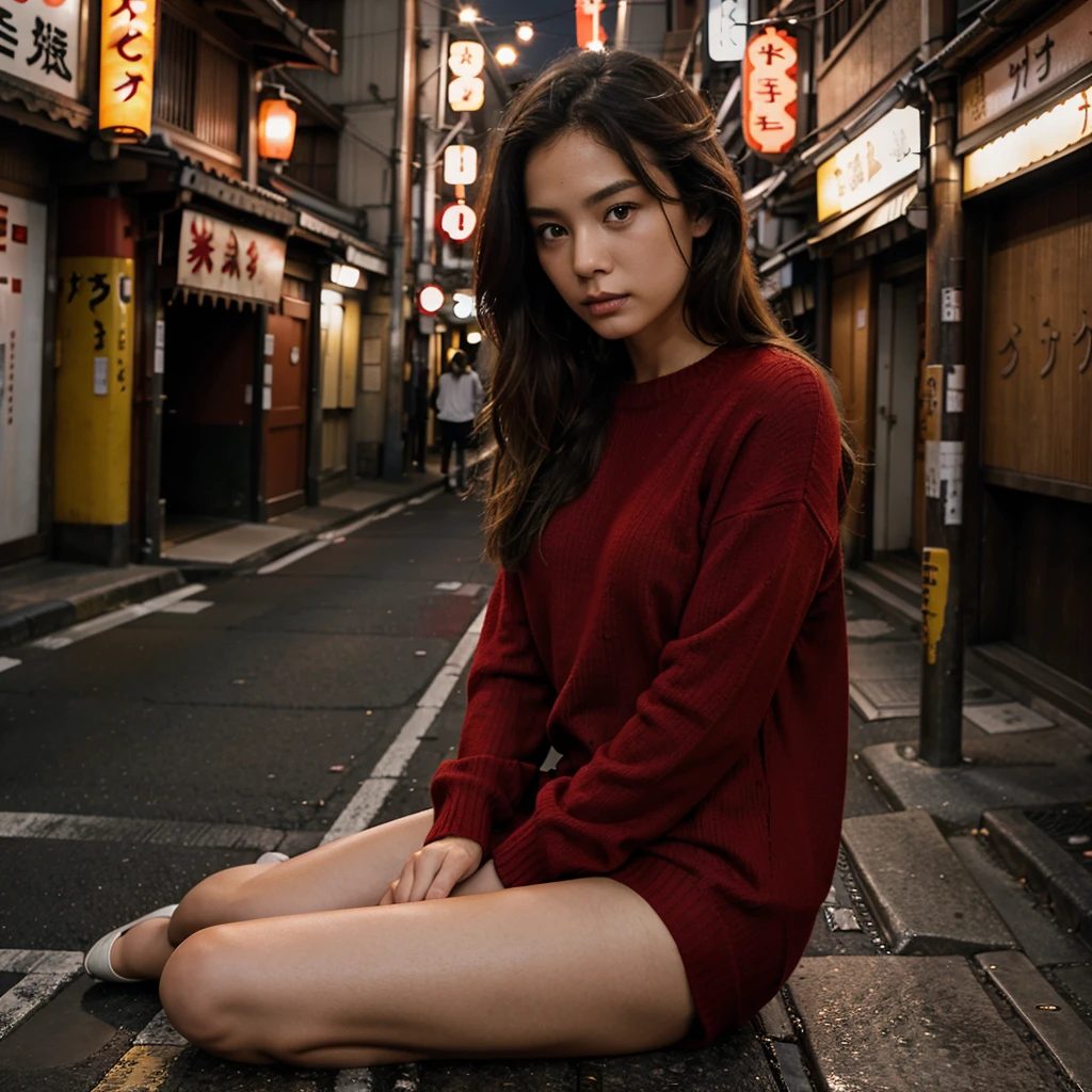 Female supermodel. Red sweater. Sitting in the middle of road. Dim, soft lighting. Sunset. Omoide Yokocho, Tokyo, Japan.