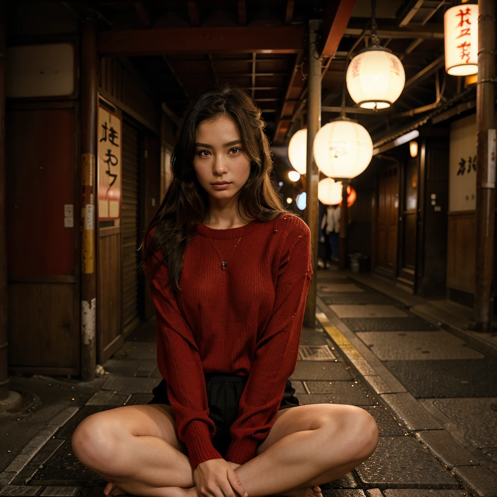 Female supermodel. Red sweater. Sitting in the middle of road. Dim, soft lighting. Sunset. Omoide Yokocho, Tokyo, Japan.