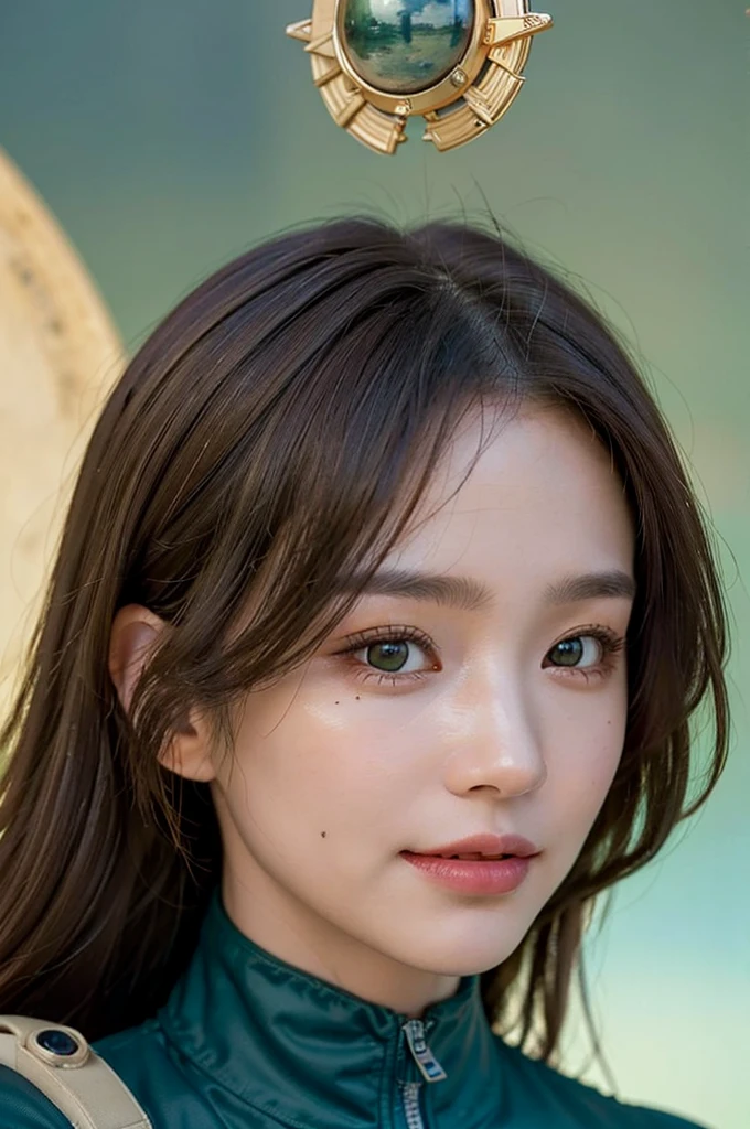 top quality、Masterpiece、ultra high resolution、(realistic:1.4)、Beautiful adult female、Beautiful eyes and skin details、Smile、Short light brown hair、Perfect spacesuit、spacecraft、Desolate and mysterious planet、green sky、UFO flying in the sky、In another world、
