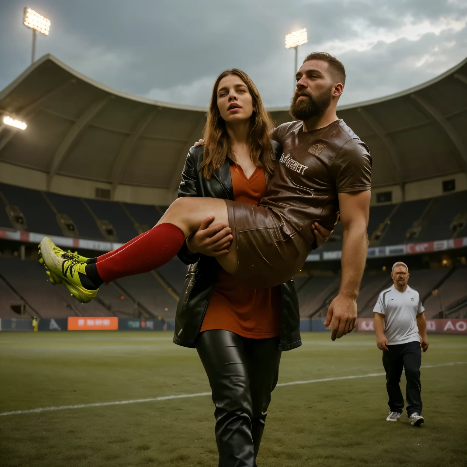 woman carrying man, a passed out bearded man is carried, a woman is carrying a fainted bearded man, a consciousless bearded man, a woman and a bearded man, Andrea carries the wounded man's body in her hands, Andrea grabs his legs and his body with her hands, the bearded man in Andrea's arms is visibly in pain, stadium atmosphere, the bearded man is lying consciousless in Andrea's arms with one arm hanging down, A scene at a soccer stadium, a bearded man lying in a caring women's arms, lying helpless in her arms with his head dangling down, he has one arm dangling down while being carried in the women's arms, There is an attractive and heavily made-up woman in a long black leather coat, A pretty woman in a shiny black leather coat on a soccer field, A wonderful woman is holding a passed out man, A man in matt and roughened sportswear is held diagonal in her arms, a man in a woman's arms and lets one arm dangling down, we see the man held in front of the woman's body, the man is cradled in the woman's arm while being carried, the beautiful woman is exceptionally heavily made up and has an extremely desperate and very angry expression on her face, high-resolution photo, realistic sports photo, soccer scene, woman in black shiny long leather coat, injury scene, real photo, ultra realistic, high definition, sports photography