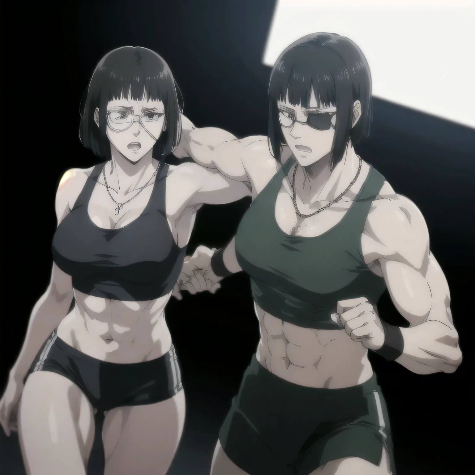 (best quality,ultra-detailed,realistic:1.37),musclaur badass girl with sculpted body have a tattoos wearing tank top and male boxing shorts, full review of the female character's face and body, intense expression, strong and confident posture, studio lighting, vivid colors, physiologically-based rendering, grungy texture, rugged background, dust particles in the air, commanding presence, professional, powerful, gritty aesthetics,Valmet،short hair,necklace,six-pack,eyepatch,boxing,handsome look,Inside a boxing ring,showing only valmet,boxing fighting pose