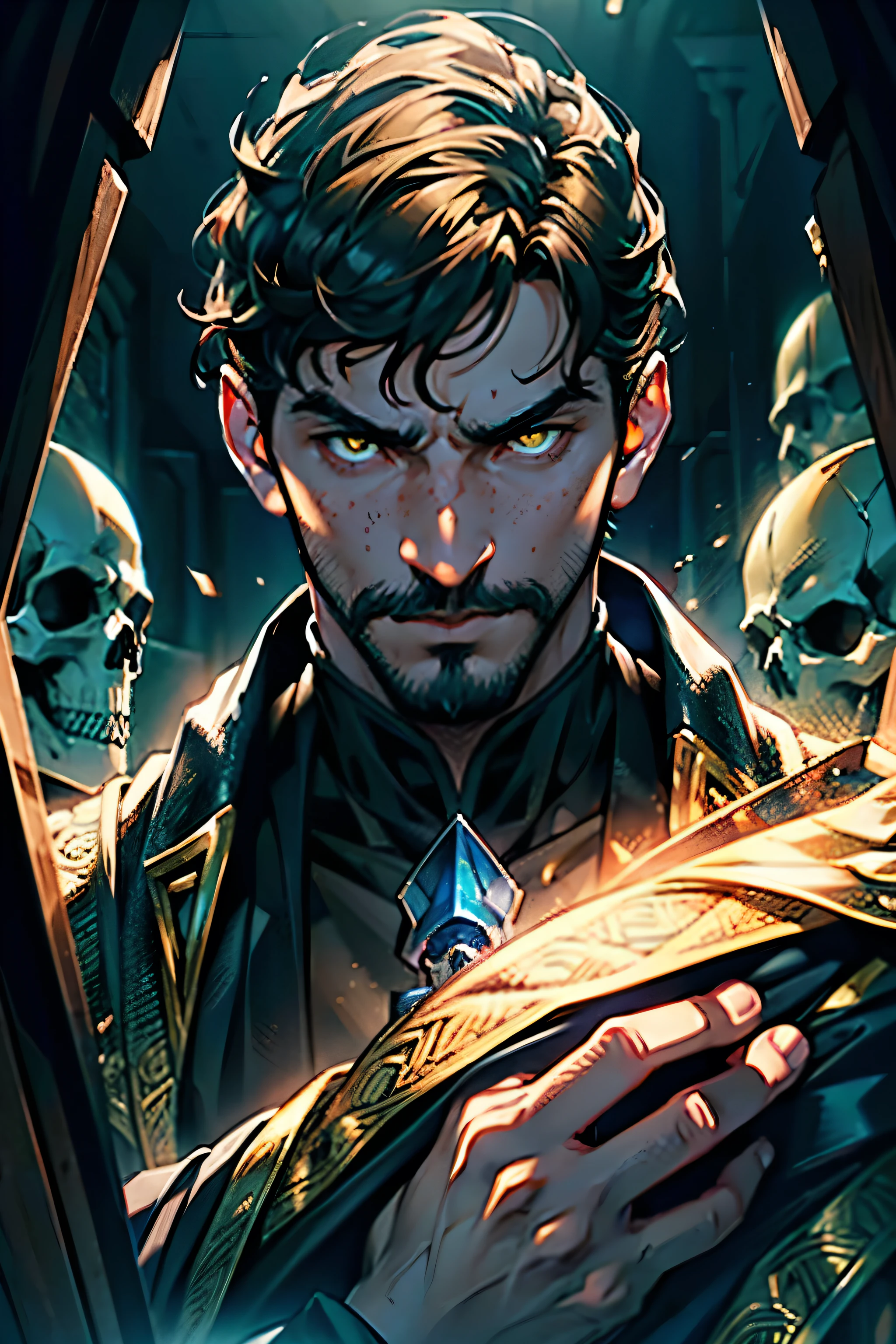 masterpiece, noise suppression, one man, Best quality, permission 8k, male focus, sharp image, just concentrate, stunning composition, volumetric lighting, super quality, Very detailed, fantasy, adult man with short hair, curly brown hair, dark short beard, small mustache, pale skin, freckles on the face, tired look, yellow eyes, necromancer, The Dark Magician, with a skull in his hands, The Black Mantle
