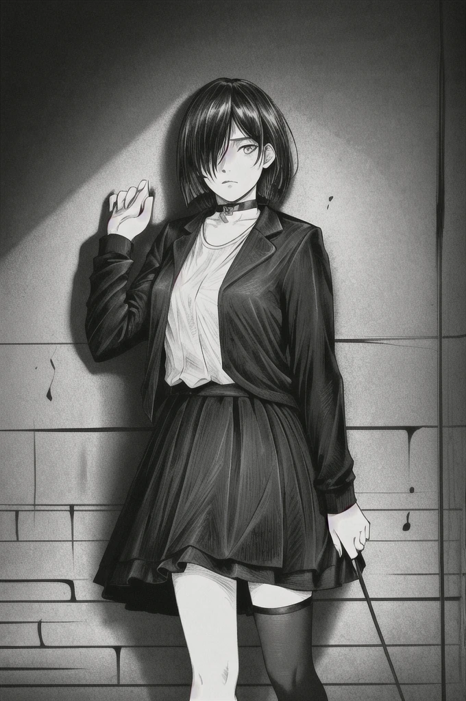 Highest quality, Intricate details, Line art, Monochrome,

One girl, Long Hair, Black Hair, Short bob hair, Hair on one eye, Sharp eyes, 

choker, shirt, Torn legwear, Open jacket, 

Against the wall, Brick wall, graffiti, Dim lighting, alley

