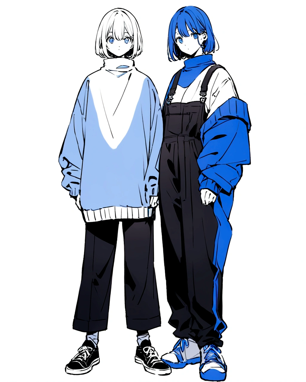 Create an illustration of two characters standing side by side, similar to the given image, but with a blue and white color scheme. The characters should wear oversized clothes, with one character wearing a blue sweater and black pants, and the other wearing blue overalls with a white turtleneck. Both should have black shoes, and the background should be a solid white color."