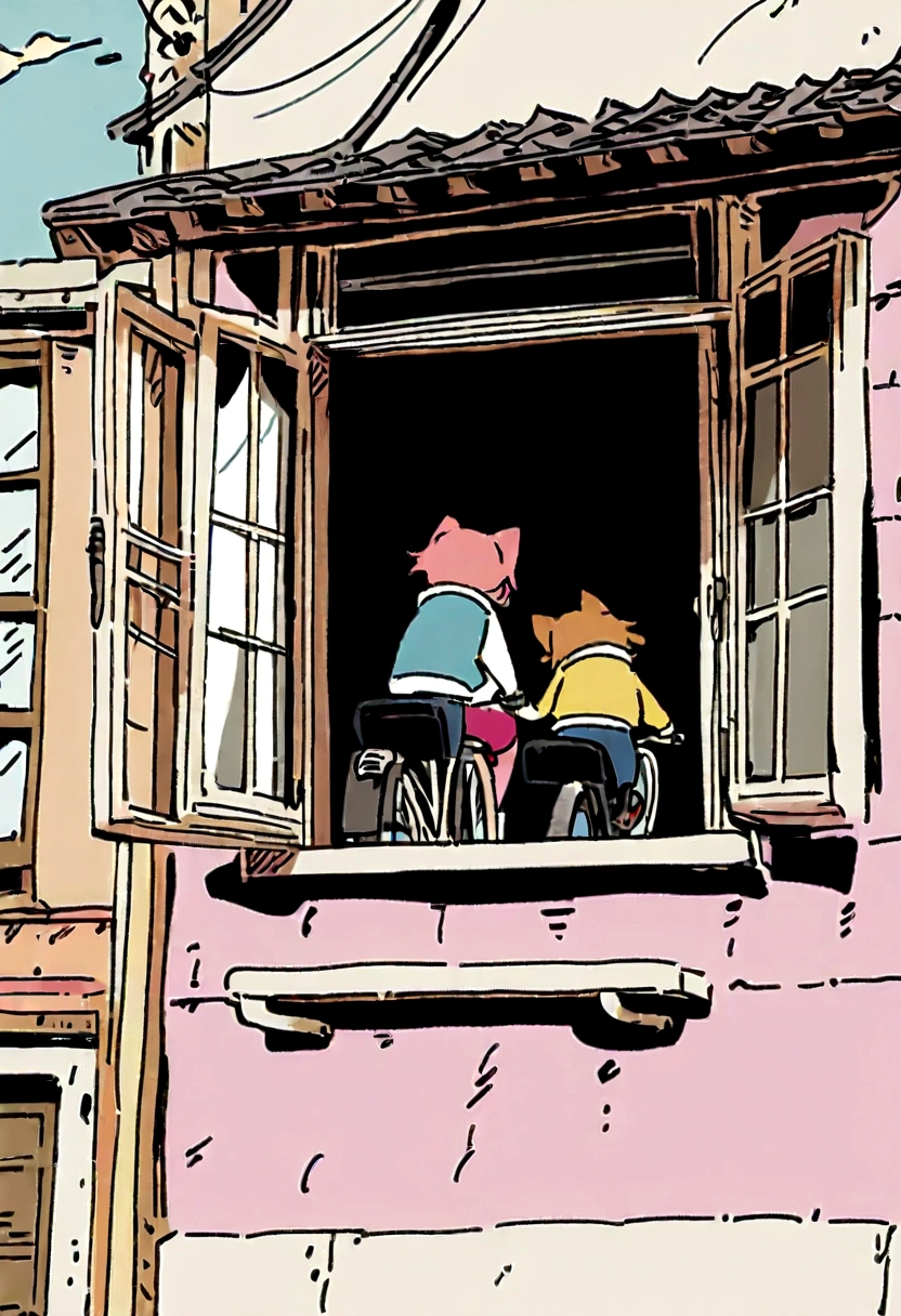 Miyazaki Hayao animation style Cat sitting on windowsill looking out the window at lovers riding bicycles