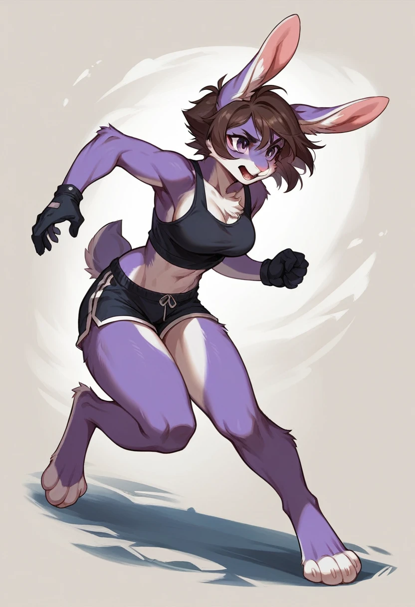 create a picture of a half rabbit character with purple giant rabbit digitigrade legs with white paws, put purple rabbit ears on top of her head, make her wearing black shorts and a black athletic tank top and black gloves, put purple fur on her arms from her elbows down, give her short brown hair, make her legs look fluffy and furry, make her look like she’s running at full speed, make it in an anime style