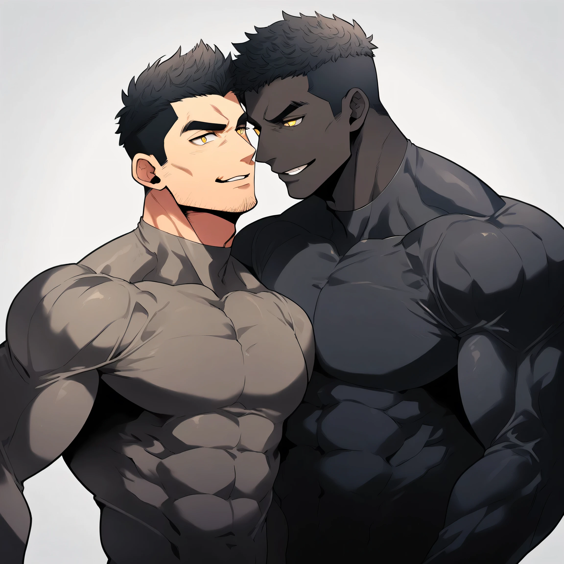anime characters:Two superheroes in tights, Muscle superhero, negro black skin, They hugged and kissed each other, Bite your neck, Caress, Manliness, male focus, Yellow and black high collar long sleeve tight T-shirt, Slightly transparent material, Very tight, Round, full and perky chest muscles, Muscle waist, Slightly transparent, muscular male, muscular, only, Upper body, alone, Black short hair, Thick eyebrows, stubble, Yellow eyes, Grey background, simple background, amazing quality, best aesthetics, Ridiculous, bright pupils, crew cut, parted lips, seductive smile, torogao, naughty face, drop shadow, best quality