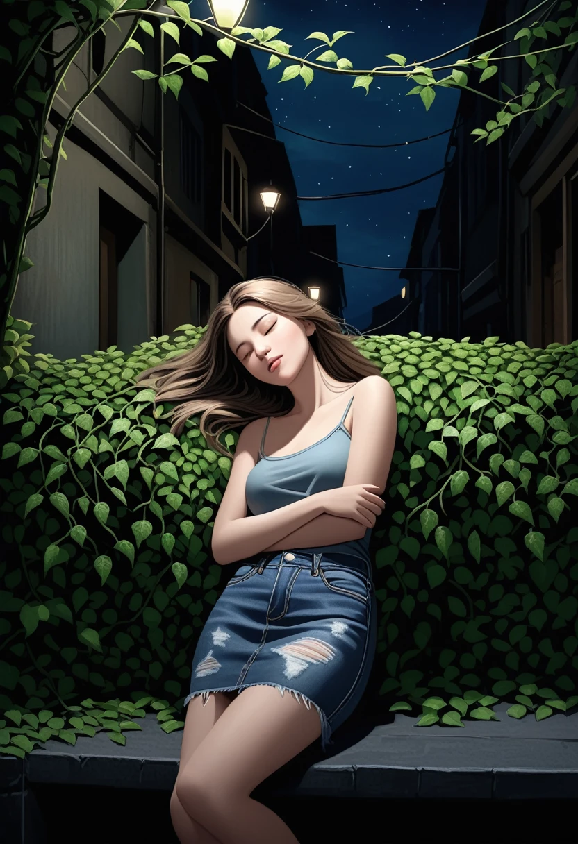 pretty young woman, (denim skirt), sleeping, closed eyes, open mouth, tree branches, big green vines around neck, dark night alley scenery, realistic