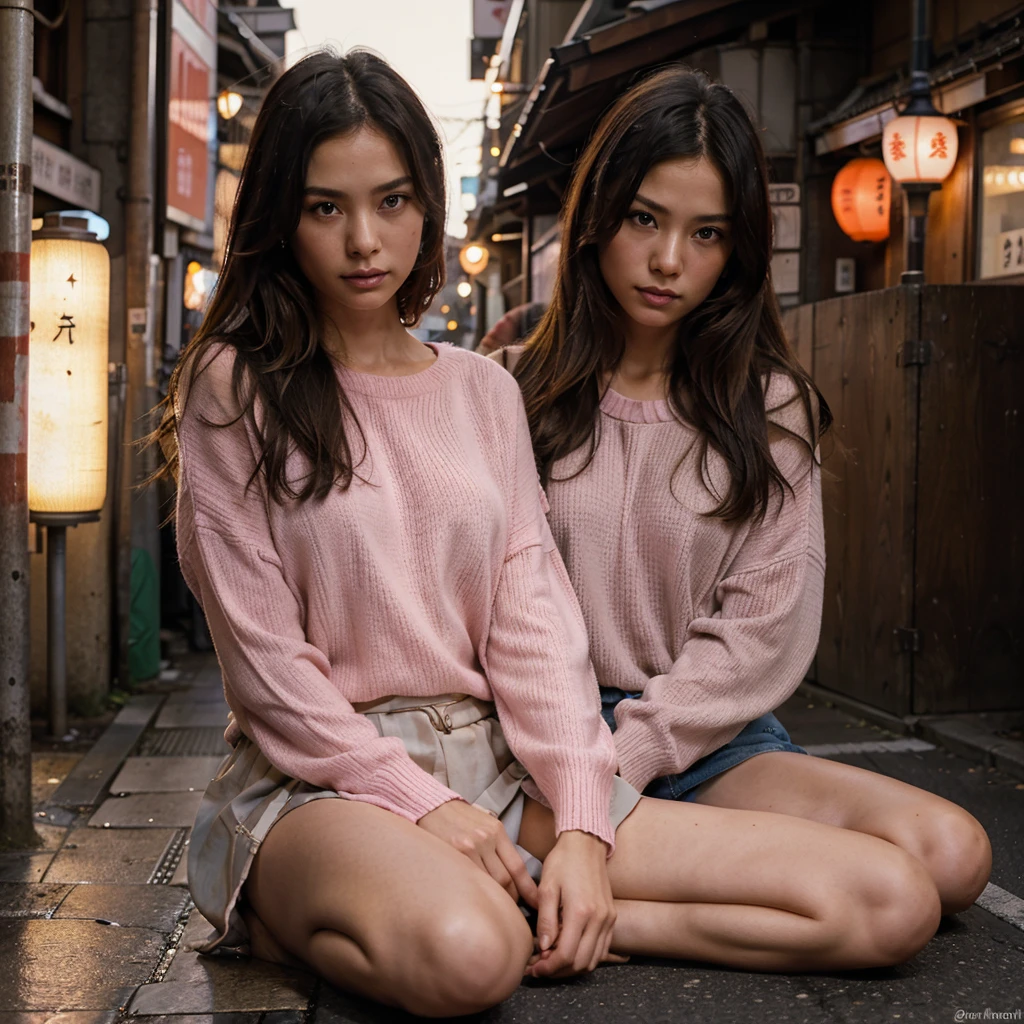  Two sexy japanese women, naked, hairy pussies, background streets