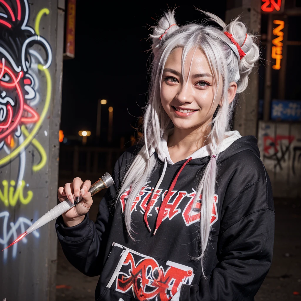 detailed background, masterpiece, best quality, smile, nakiri ayame, streaked hair, oni horns, white hair, twin buns, red eyes, smile, hoodie, portrait, neon, graffiti, dark, night, glowing eyes, blacklight