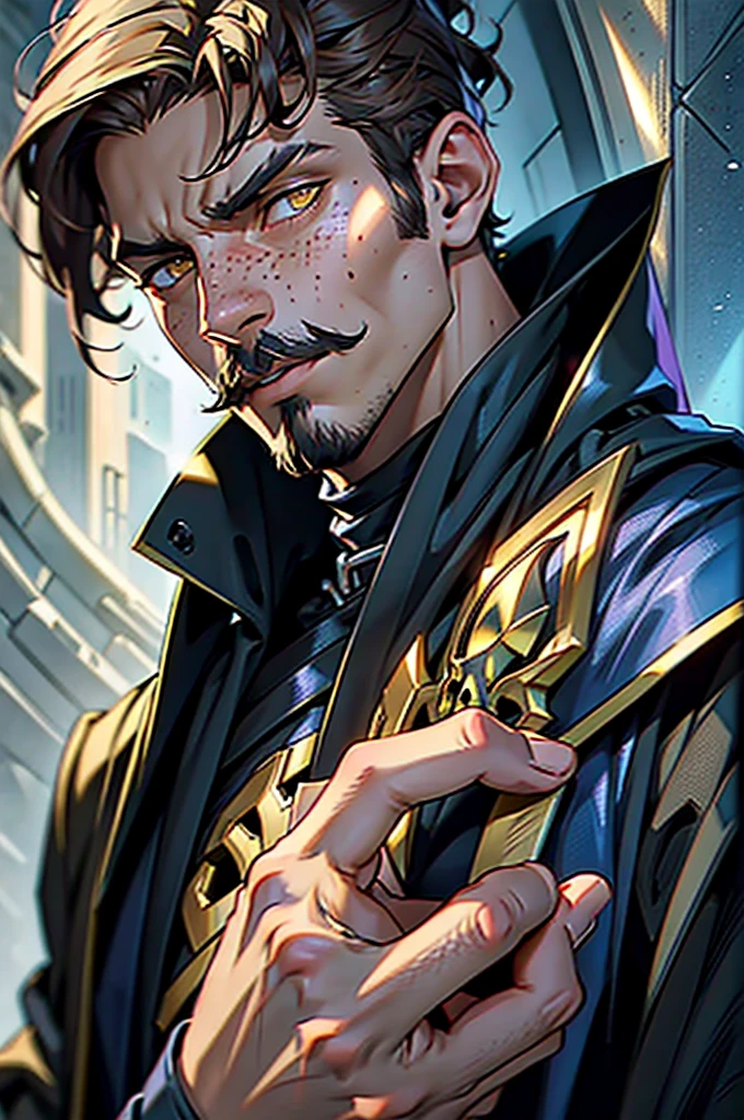 masterpiece, noise suppression, one man, Best quality, permission 8k, male focus, sharp image, just concentrate, stunning composition, volumetric lighting, super quality, Very detailed, fantasy, adult man with short hair, curly brown hair, dark short beard, small mustache, pale skin, freckles on the face, tired look, yellow eyes, necromancer, The Dark Magician, with a skull in his hands, The Black Mantle