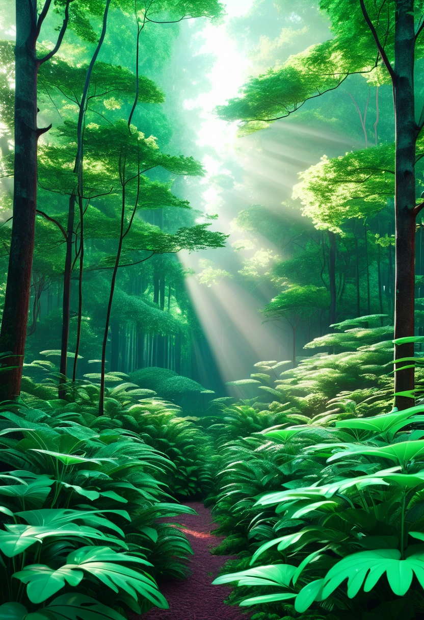 A high quality image of a serene forest with lush trees and vibrant flora, 8k resolution, highly detailed to capture every leaf and ray of light, focusing on purism in its natural beauty. Incorporating elements of Retrofuturism to blend modern and nostalgic aesthetics seamlessly. Inspired by the artistic style of Sasha Putrya for a unique and captivating visual representation.