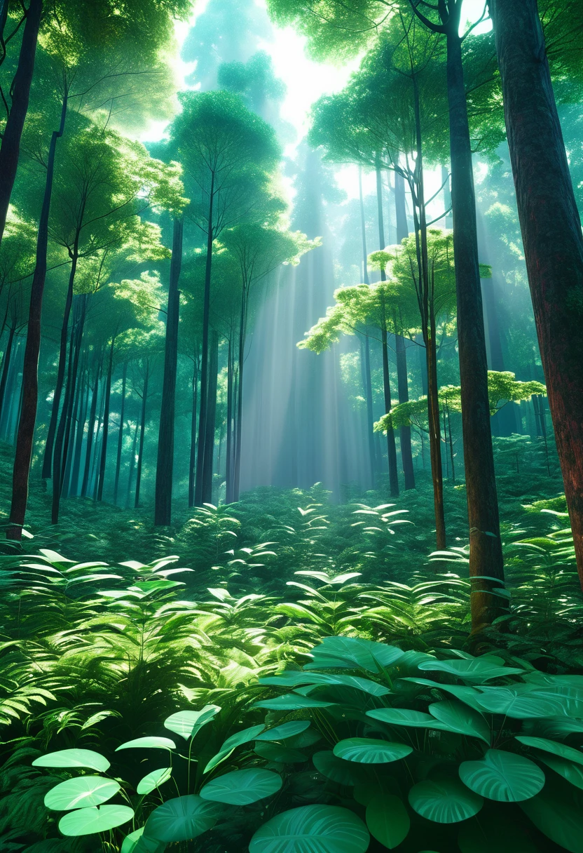 A high quality image of a serene forest with lush trees and vibrant flora, 8k resolution, highly detailed to capture every leaf and ray of light, focusing on purism in its natural beauty. Incorporating elements of Retrofuturism to blend modern and nostalgic aesthetics seamlessly. Inspired by the artistic style of Sasha Putrya for a unique and captivating visual representation.