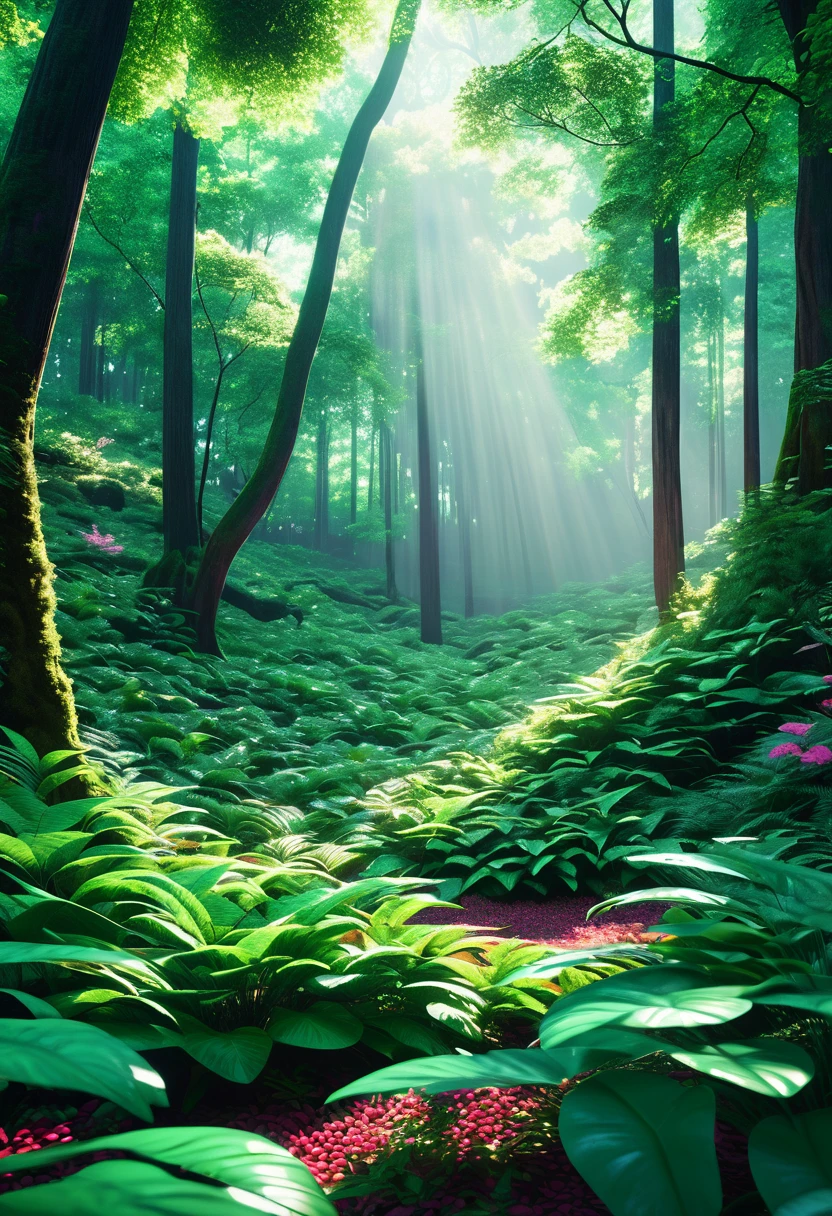 A high quality image of a serene forest with lush trees and vibrant flora, 8k resolution, highly detailed to capture every leaf and ray of light, focusing on purism in its natural beauty. Incorporating elements of Retrofuturism to blend modern and nostalgic aesthetics seamlessly. Inspired by the artistic style of Sasha Putrya for a unique and captivating visual representation.