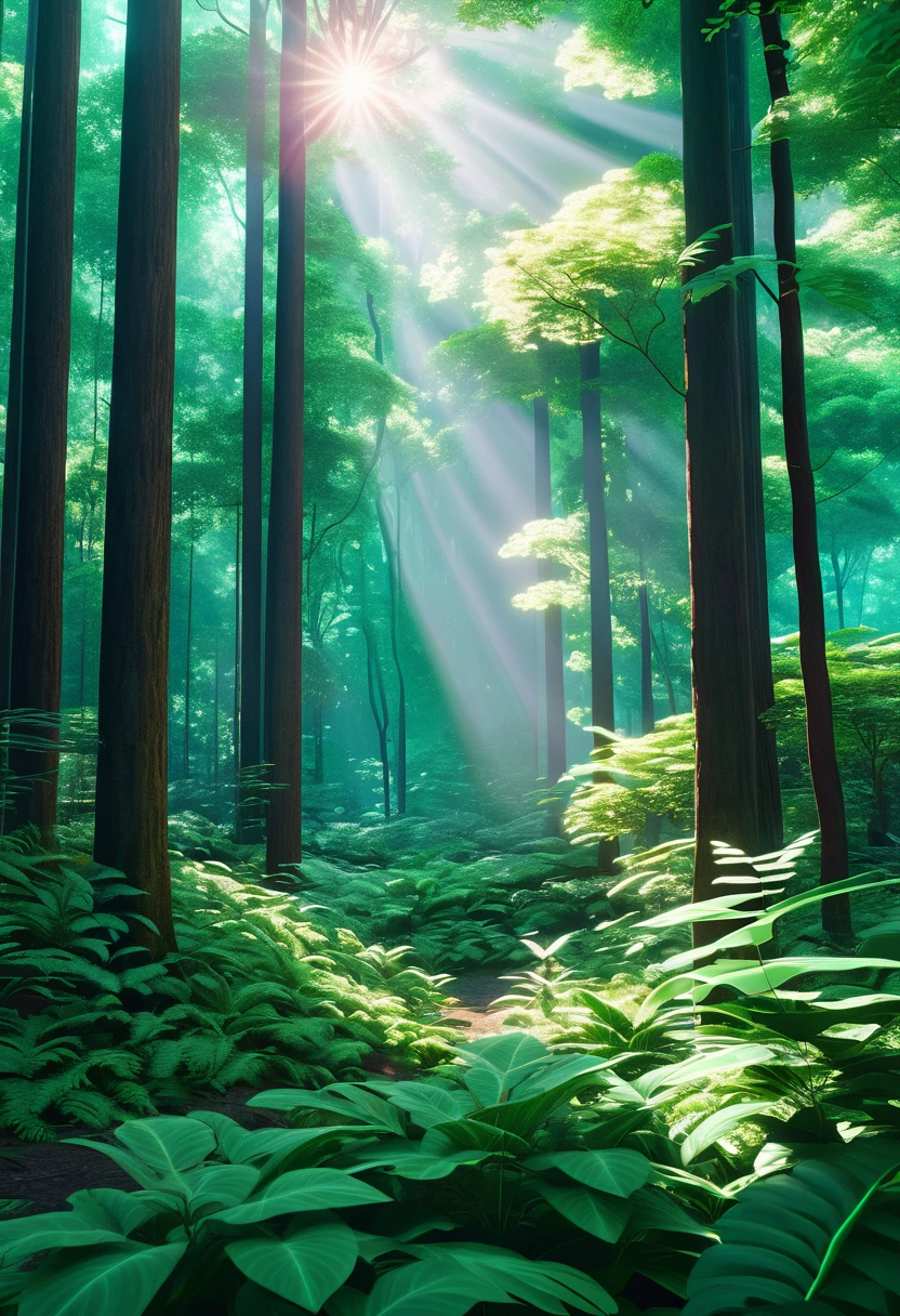 A high quality image of a serene forest with lush trees and vibrant flora, 8k resolution, highly detailed to capture every leaf and ray of light, focusing on purism in its natural beauty. Incorporating elements of Retrofuturism to blend modern and nostalgic aesthetics seamlessly. Inspired by the artistic style of Sasha Putrya for a unique and captivating visual representation.