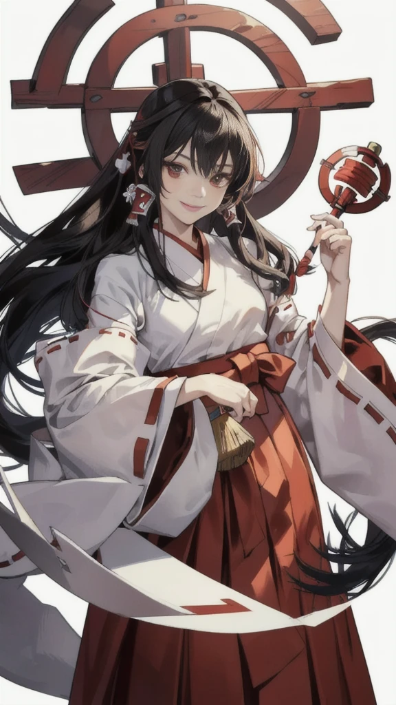 The image shows an illustrated character, likely from an anime or manga. The character has long dark hair and is wearing a traditional shrine maiden (miko) outfit, consisting of a white top (haori) with red accents and a red skirt (hakama). The character is holding what appears to be a bow without the string, and there are white ribbon-like effects surrounding the character, suggesting movement or a magical element. The face of the character has been pixelated to obscure it. The character has no accessories. Please create the new illustration in a soft, pencil-drawn style based on this description. With a smile on your face