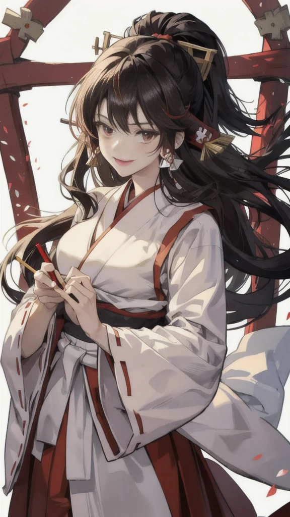 The image shows an illustrated character, likely from an anime or manga. The character has long dark hair and is wearing a traditional shrine maiden (miko) outfit, consisting of a white top (haori) with red accents and a red skirt (hakama). The character is holding what appears to be a bow without the string, and there are white ribbon-like effects surrounding the character, suggesting movement or a magical element. The face of the character has been pixelated to obscure it. The character has no accessories. Please create the new illustration in a soft, pencil-drawn style based on this description. With a smile on your face